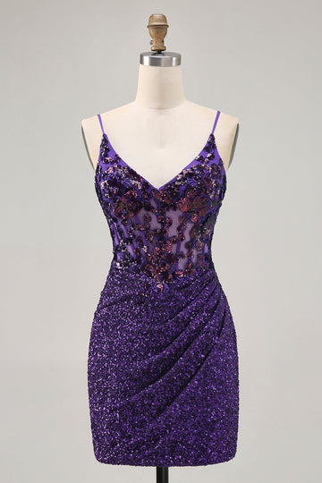 Sparkly Dark Purple Corset Homecoming Dress with Lace-up Back